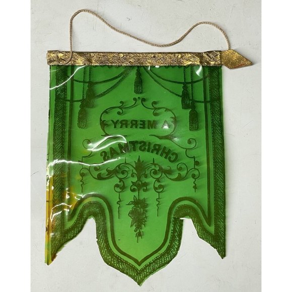 RARE Antique Victorian Merry Christmas Celluloid GREEN  RARE Antique Victorian Merry Christmas Celluloid GREEN Banner Holiday Decor